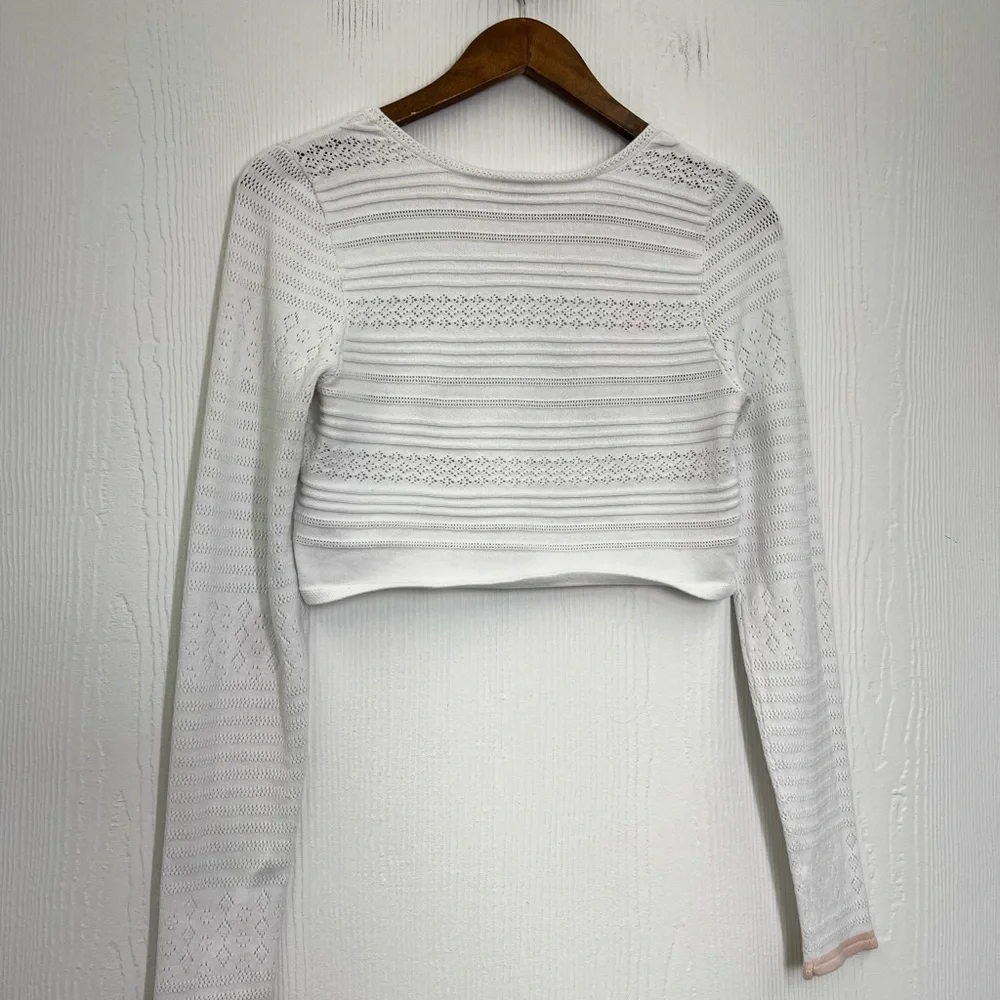 Free People - White Open Fun Design Long Sleeve Trimmed Pink Crop Top Medium